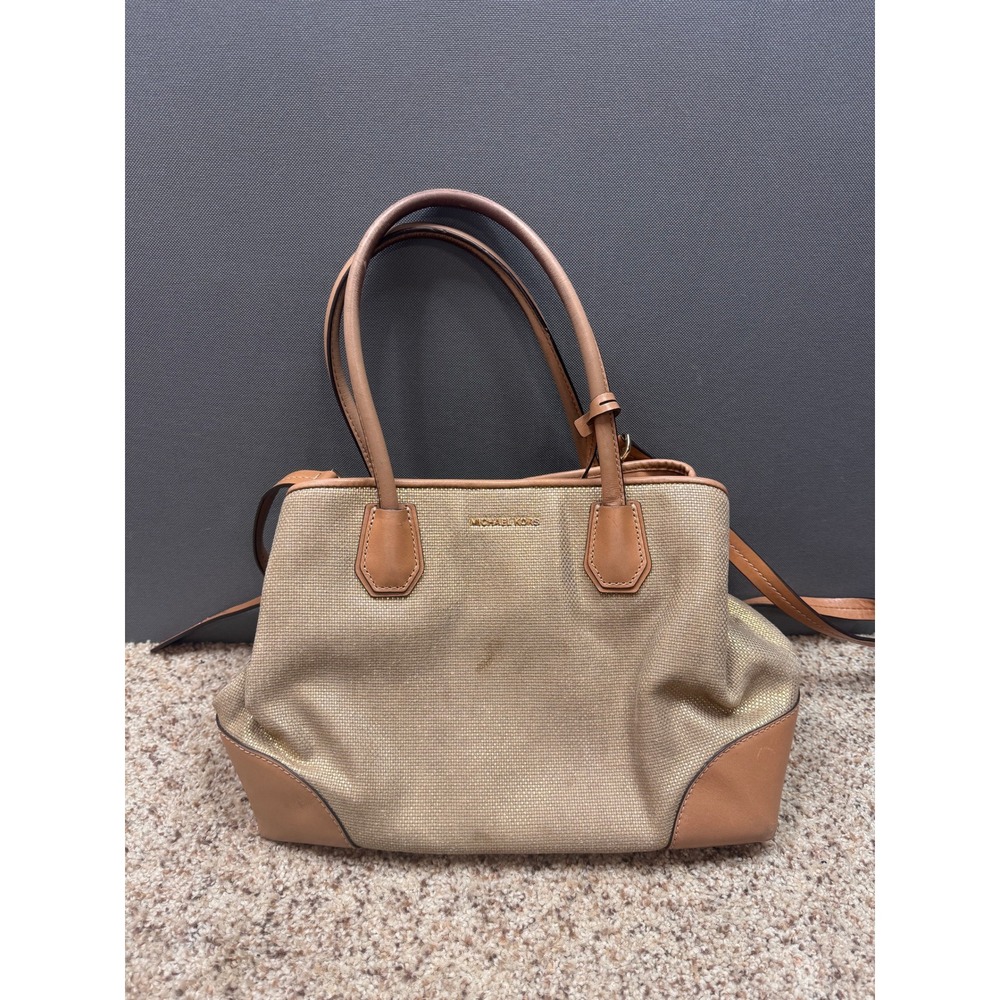 Michael Kors Tote Bag Womens Gold Tan Metallic Woven Leather Trim Satchel Medium